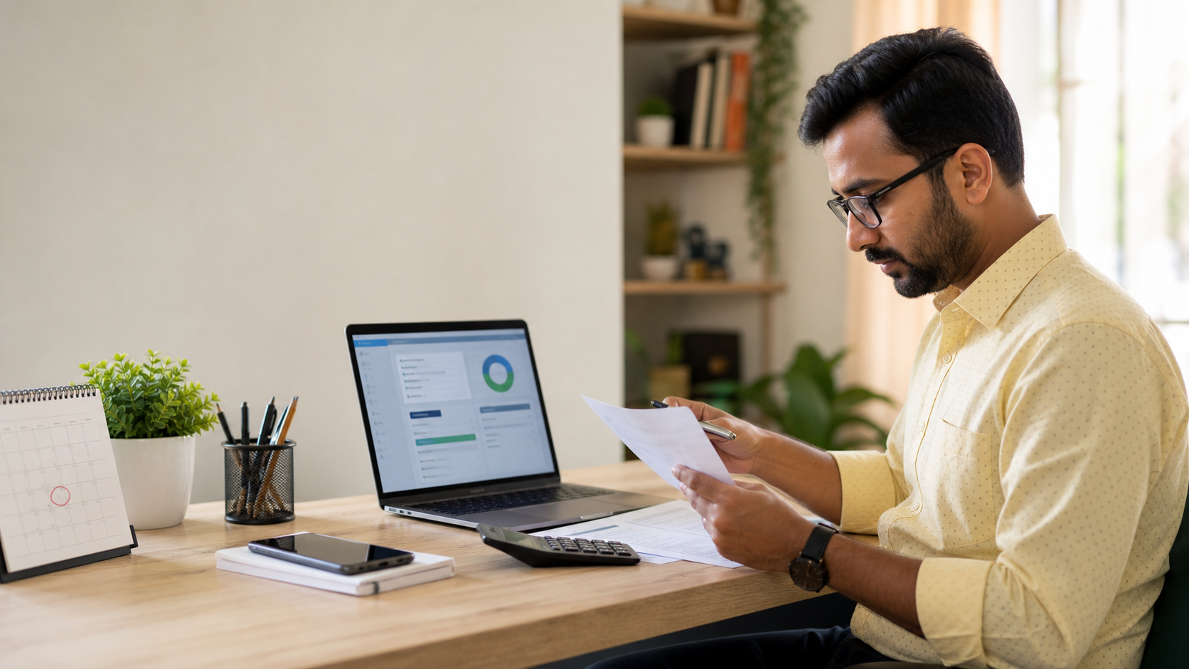 An Indian taxpayer reviewing documents while filing an income-tax return online